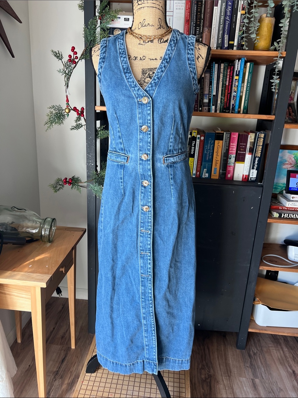 Ann Taylor Denim V-Neck Shirtdress, length is 47”